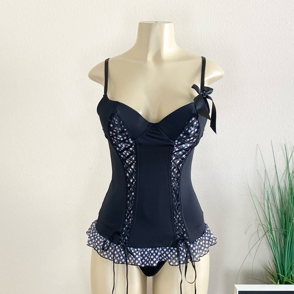 MORBID THREADS | Vintage Black And White Gingham 2 PC Corset Set Sz 36B/M